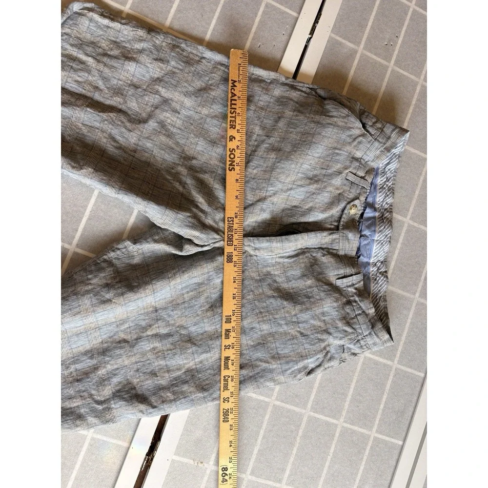 Berle Mens Linen Trousers 34x26 Plaid Check Blue Grey Flat Front Dress Pants